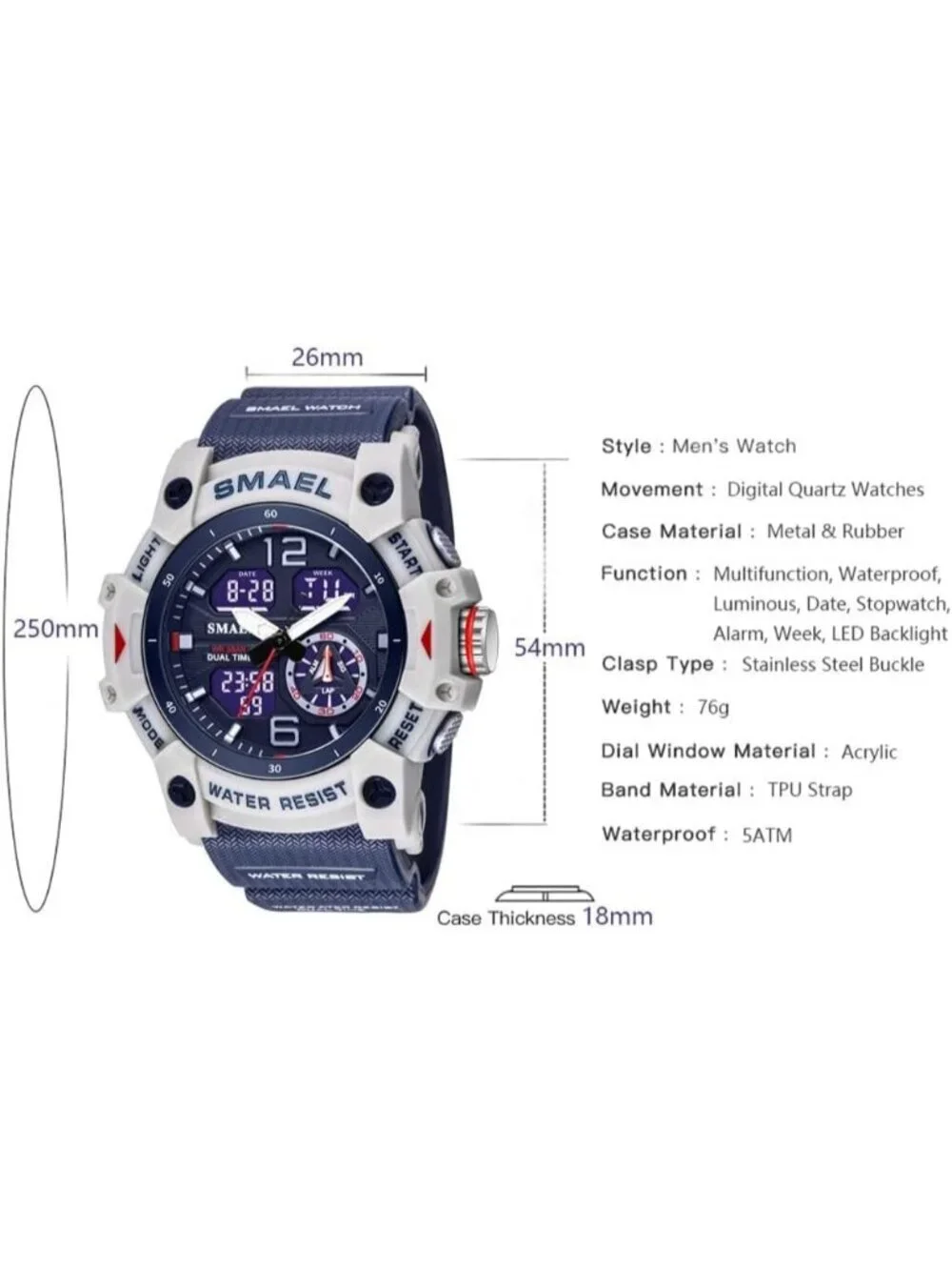 Men Dark Blue Analog Quartz S-Shock Waterproof Outdoor Sports LED Digital Watch